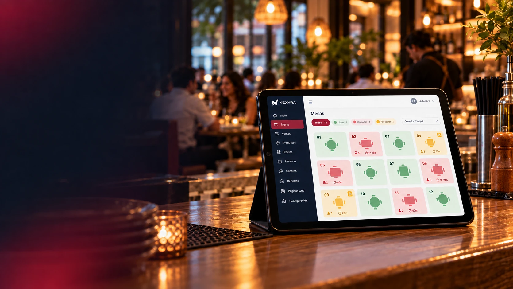 Sistema de restaurante en una tablet sobre la barra de un local