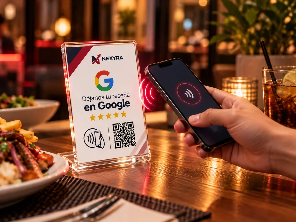 Un cliente acerca su celular a la placa NFC de reseñas en la mesa de un restaurante