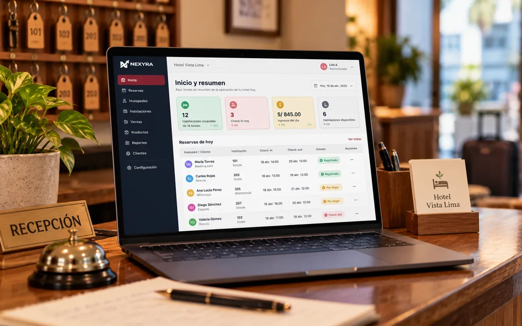 Sistema para hoteles en una laptop sobre el mostrador de recepción