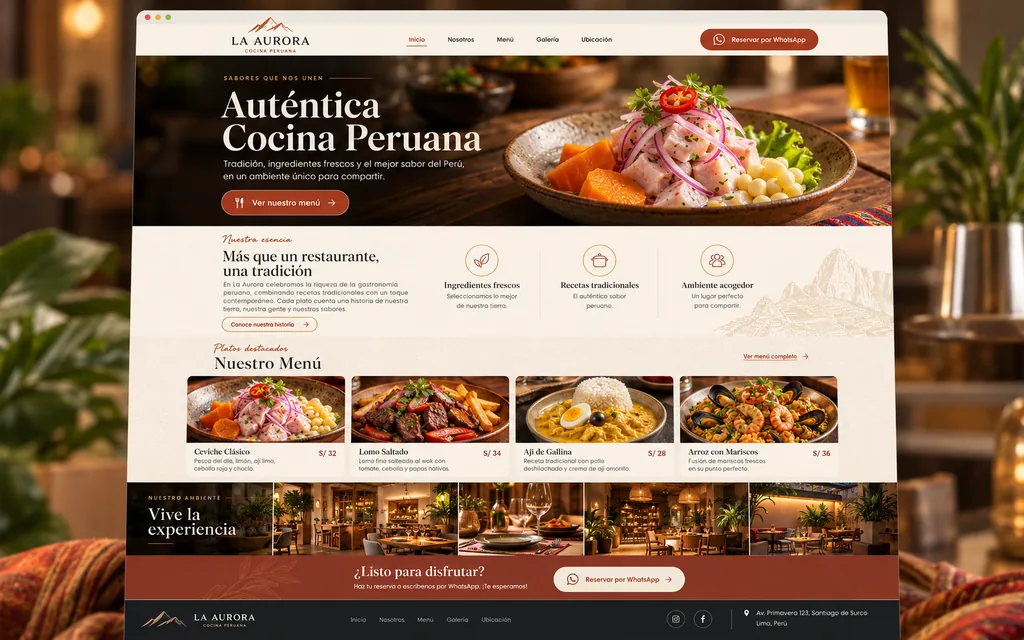 Sitio web de ejemplo La Aurora, cocina peruana, mostrado en el navegador